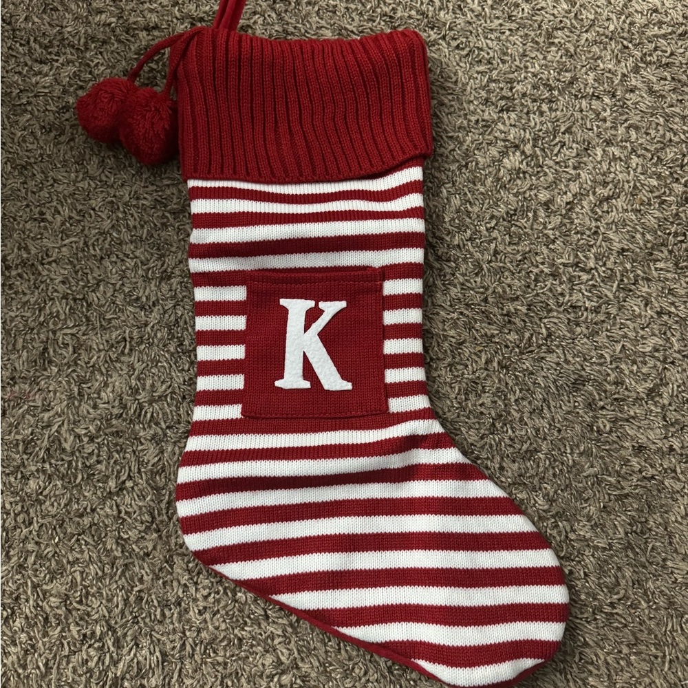 Red & White Striped Holiday Stocking with Initial K